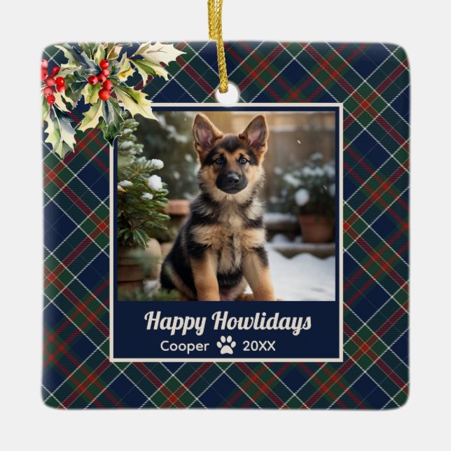 Happy Howlidays Dog Blue Karierte Weihnachten Keramikornament (Vorderseite)