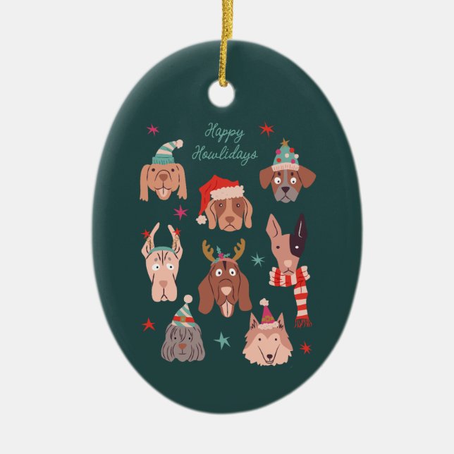 Happy Howlidays Grüne Weihnachtshunde Keramik Ornament (Vorne)