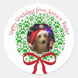 Happy Howlidays Paw Print Weihnachtskranz Foto Runder Aufkleber
