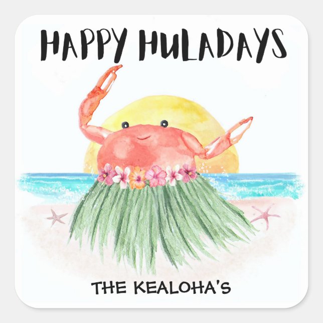 Happy Huladays Crab Tropical Beach Weihnachten Quadratischer Aufkleber (Vorderseite)