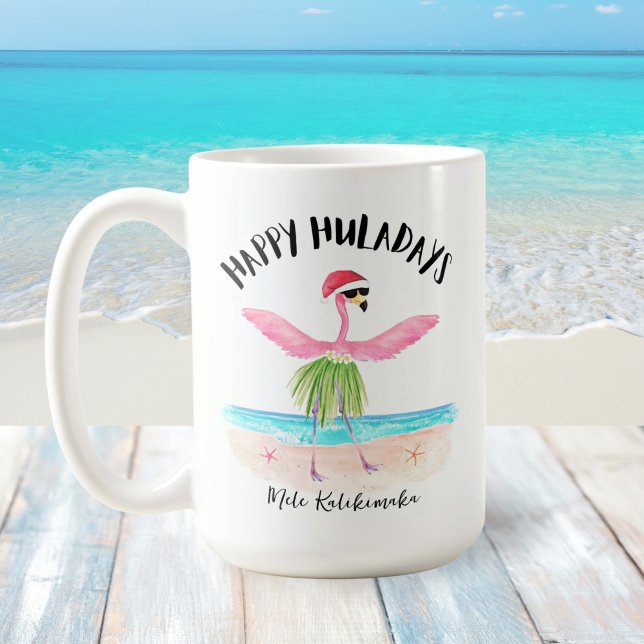 Happy Huladays Flamingo Santa Beach Weihnachten Kaffeetasse (Von Creator hochgeladen)