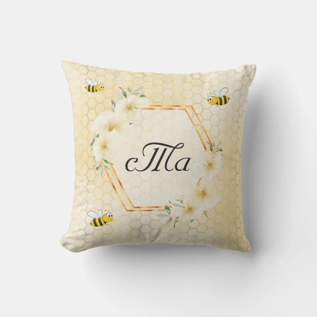 Happy Hummeln, gelbe Honigwabenpaar, monogramm Kissen (Vorderseite)