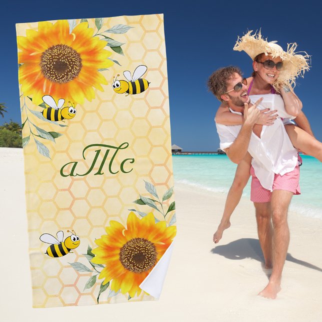 Happy Hummeln Gelbe Sonnenblume Paar monogramm Strandtuch (Von Creator hochgeladen)