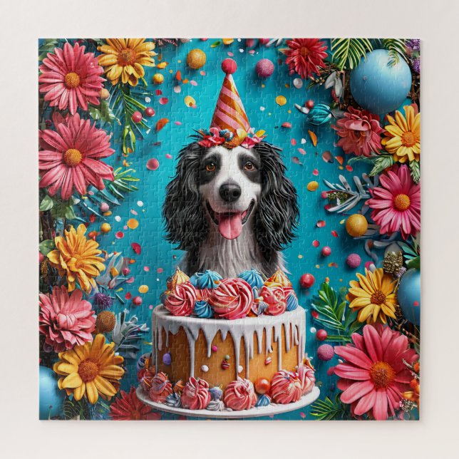 Happy Hund feiert Geburtstag mit farbenfrohen Kuch (Vertikal)