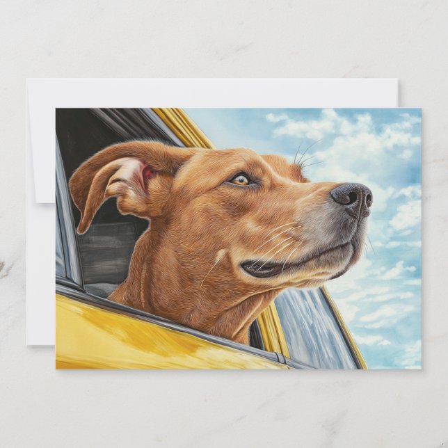 Happy Hund in Gelben Auto Art Print Karte (Vorderseite)