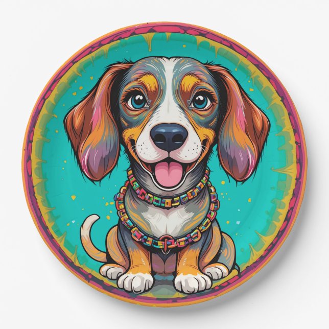 Happy Hund mit einem farbenfrohen Collar Pappteller (Vorderseite)