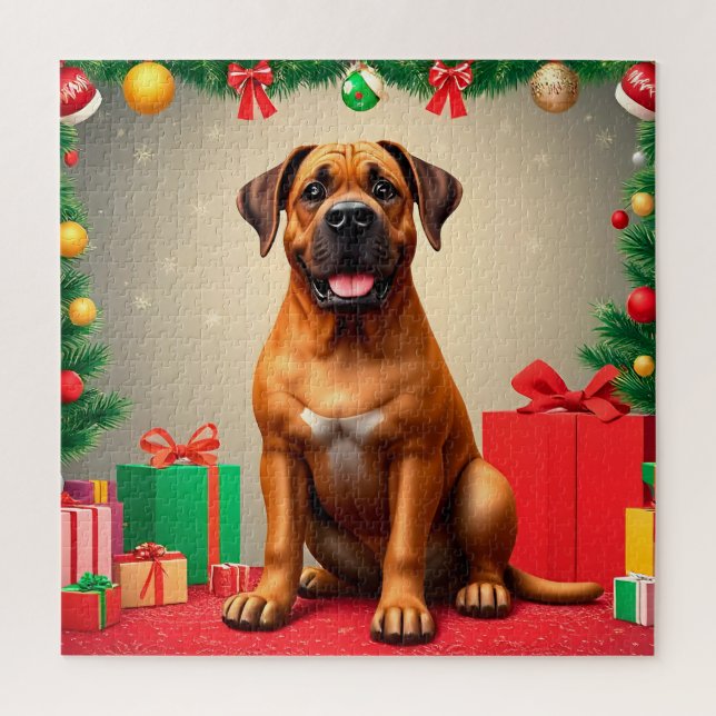 Happy Hund sitzen mit Weihnachtsgeschenken (Vertikal)