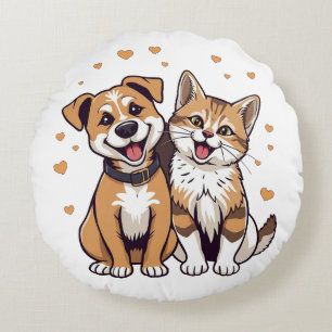 Happy Hund und Katze mit Herz Rundes Kissen