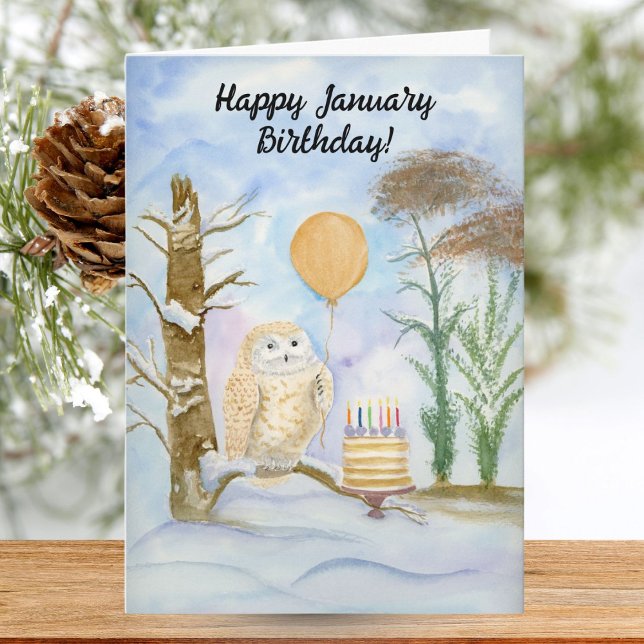 Happy January Birthday Barred Owl with Cake Karte (Von Creator hochgeladen)