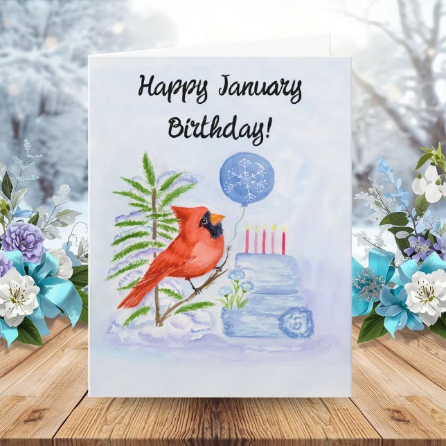 Happy January Birthday Cardinal with Birthday Cake Karte (Von Creator hochgeladen)