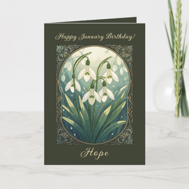 Happy January Birthday Galanthus Flowers Art Nouve Karte (Vorderseite)