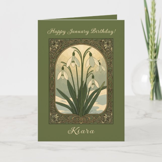Happy January Birthday Snowdrop Flowers Art Nouvea Karte (Vorderseite)