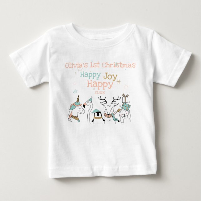 Happy Joy Niedlicher Tiere Baby's 1. Weihnachten Baby T-shirt (Vorderseite)