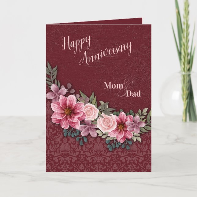 Happy Jubiläum Mama und Vater Pink Roses Damask Karte (Vorderseite)