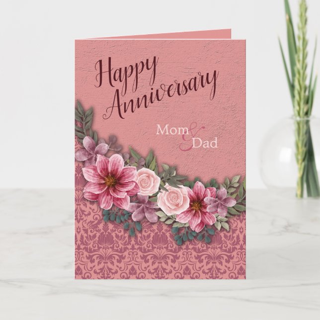 Happy Jubiläum Mama Vater Rotes Rosa auf Rosa Dama Karte (Vorderseite)