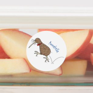 Happy Jumping Kiwi mit Bug-Krawatte Cartoon Design Etiketten
