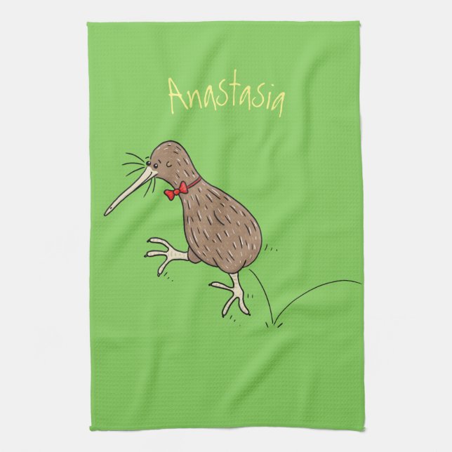 Happy Jumping Kiwi mit Bug-Krawatte Cartoon Design Geschirrtuch (Vertikal)