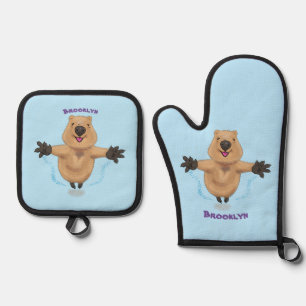 Happy Jumping Quokka Cartoon Design Ofenhandschuh & Topflappen-Set