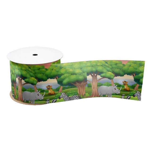 Happy Jungle Tiere in einer Landschaft   Satinband (Spule)