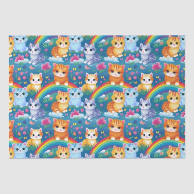 Happy Kitty Cats auf Regenbogenwolken Seidenpapier (Vorderseite)