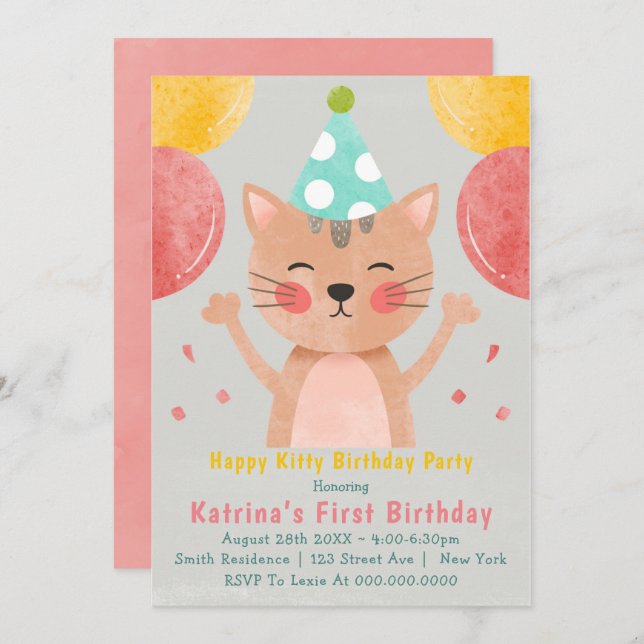Happy Kitty Invitations d'anniversaire (Devant / Derrière)