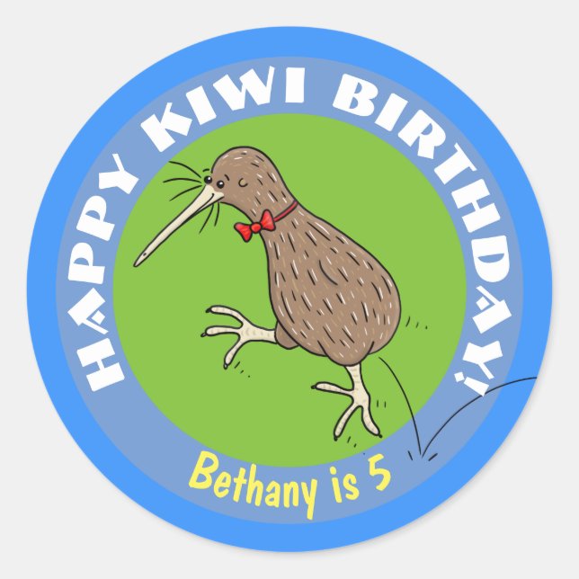 Happy Kiwi Cartoon Vogel mit Bogen Krawatte Runder Aufkleber (Vorderseite)