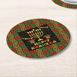 Happy Kwanzaa Candles Red Black Green Yellow Runder Pappuntersetzer