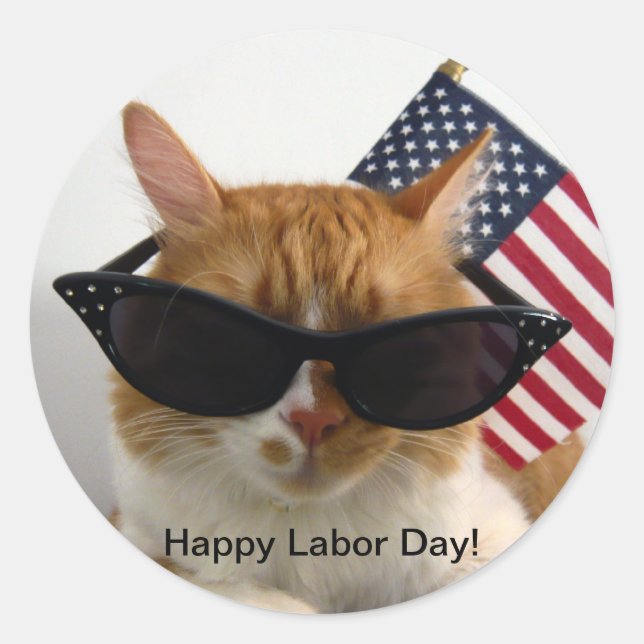 Happy Labour Day Coole Katze mit Flaggenaufkleber Runder Aufkleber (Vorderseite)
