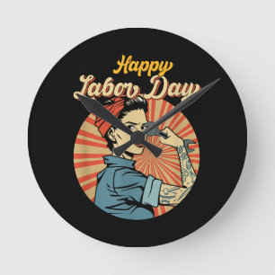 Happy Labour Day Girl Strong Worker Movement Runde Wanduhr