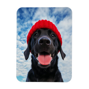 Happy Labrador in einer Roten Beanie Unter blauem Magnet