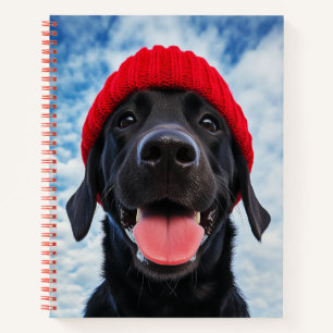 Happy Labrador in einer Roten Beanie Unter blauem  Notizbuch