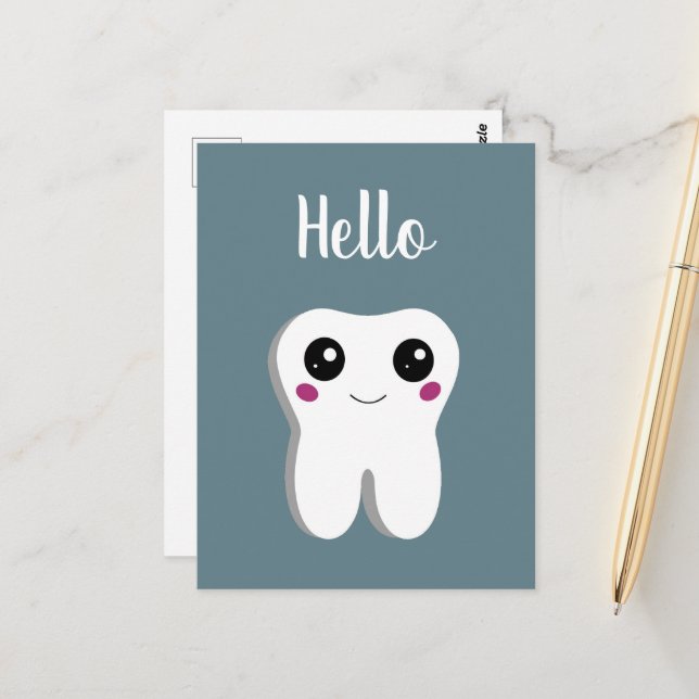 Happy Lächeln Dental Tooth Niedlich Hallo Postkarte (Vorderseite/Rückseite Beispiel)