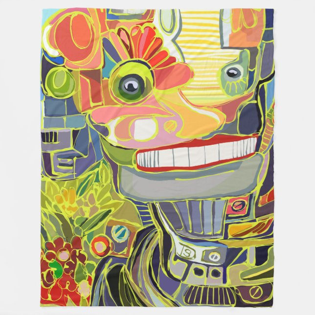 Happy Lächeln Roboter mit Blume Fleecedecke (Vorderseite)