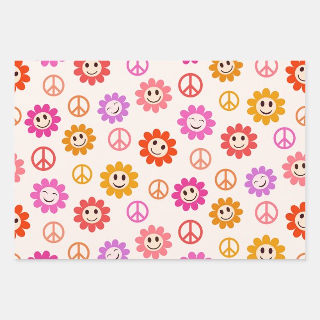 Happy Lächelnde Blume mit Friedenszeichen Geschenkpapier Set (Vorderseite)