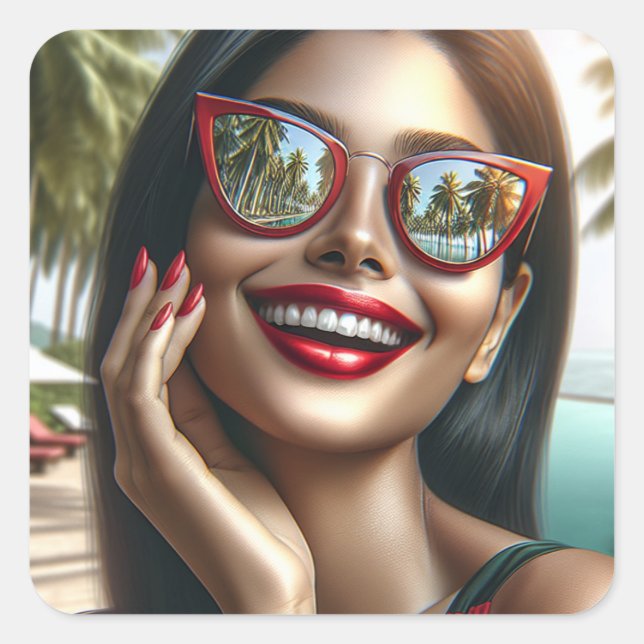 Happy Lady in einem tropischen Paradies Quadratischer Aufkleber (Vorderseite)