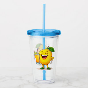 Happy Lemon Cartoon Charakter Holding Juice Acryltrinkbecher