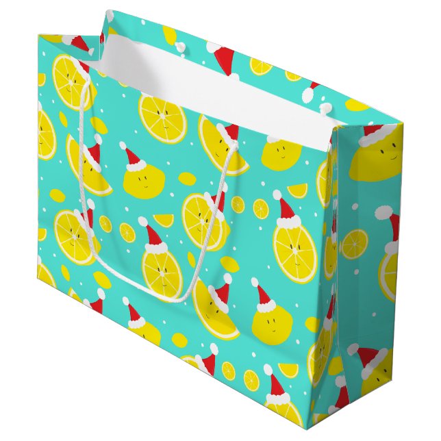 Happy Lemons tragen Weihnachtsmannmützen Weihnacht Große Geschenktüte (Vorderseite Schrägansicht)