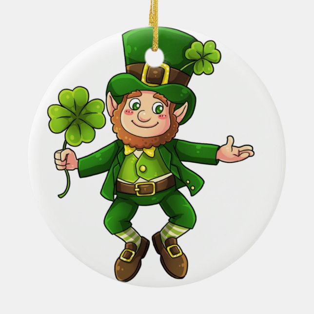 Happy Leprechaun und Kleeblatt Keramik Ornament (Hinten)