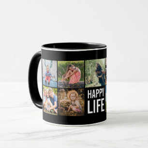 Happy Life Foto Collage Black Custom Coffee Tasse