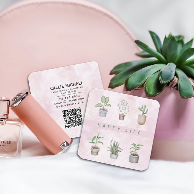 Happy Life Green Pflanze Quadratische Visitenkarte (Watercolor Pink and Green Potted Plant Business Card, #nurseries, #eventplanners#illustrators)