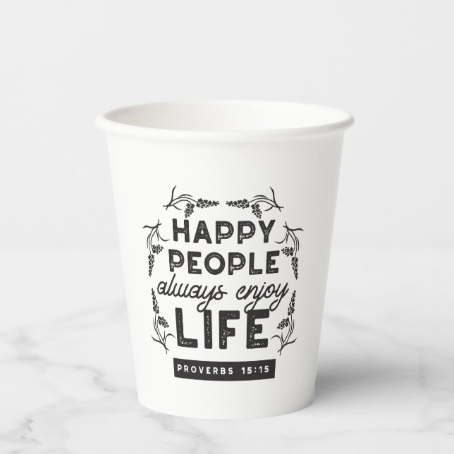 Happy Life with Faith – Proverbs 15:15 Art Pappbecher (Vorderseite)