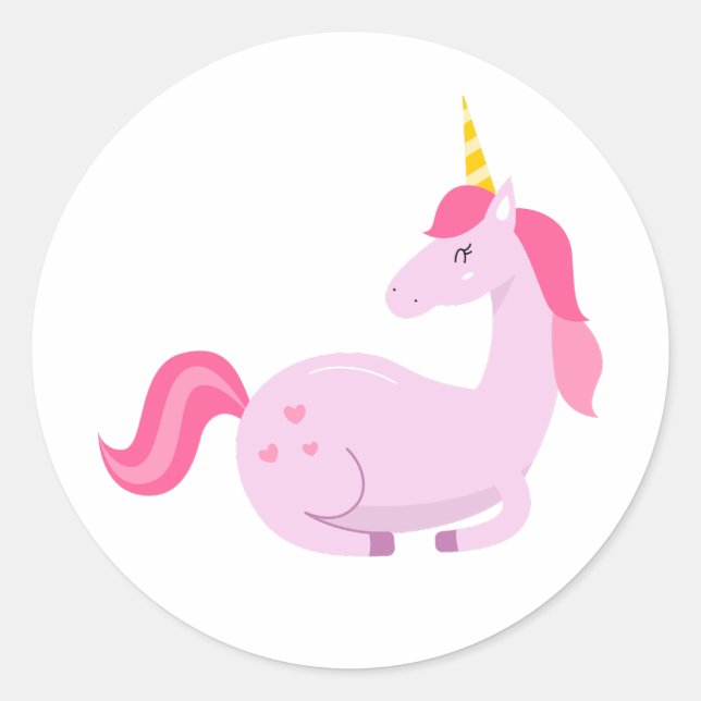 Happy Lila Pastel Unicorn, rosa Herzen und Haare Runder Aufkleber (Vorderseite)