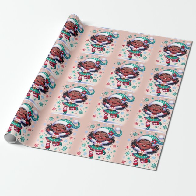 Happy Little Black Girl Weihnachtself Geschenkpapier (Ungerollt)