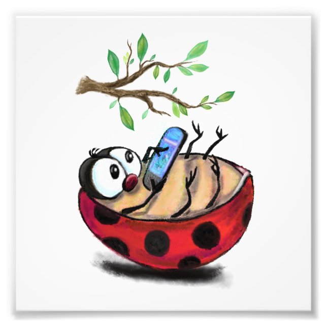 Happy Little Ladybug mit Telefon - Cartoon Zeichne Fotodruck (Vorne)
