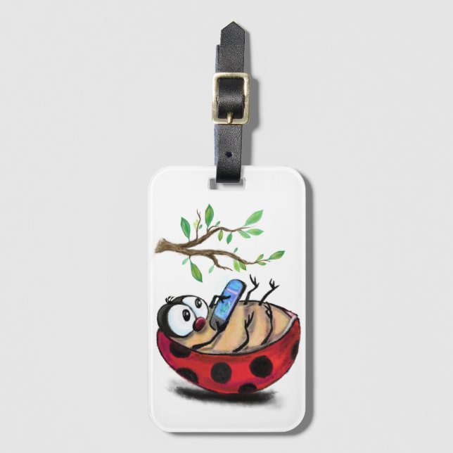 Happy Little Ladybug mit Telefon - Cartoon Zeichne Gepäckanhänger (Vorderseite Vertikal)