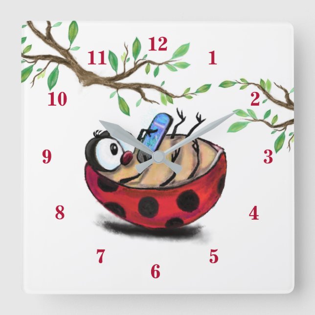 Happy Little Ladybug mit Telefon - Cartoon Zeichne Quadratische Wanduhr (Vorderseite)