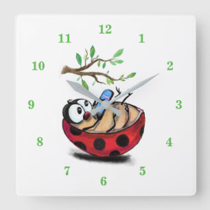 Happy Little Ladybug mit Telefon - Cartoon Zeichne Quadratische Wanduhr