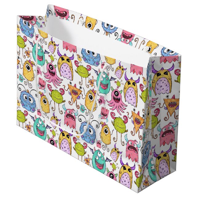 Happy Little Monsters  Große Geschenktüte (Vorderseite Schrägansicht)