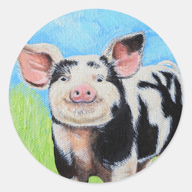 Happy Little Pig Painting Runder Aufkleber (Vorderseite)