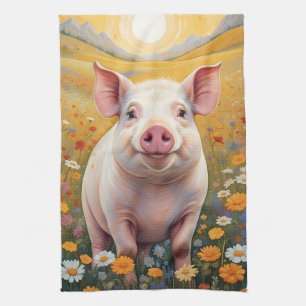 Happy Little Pig Sunny Daisy Field Geschirrtuch